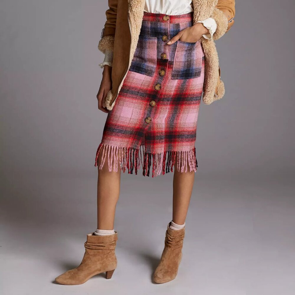 Maeve Fringed Plaid Mini Skirt